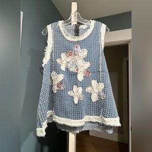Floral Embroidered Blue Sleeveless Top